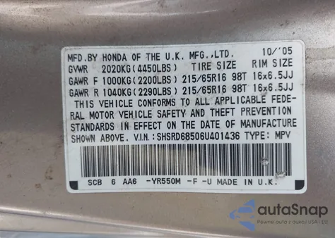 2006 Honda Cr-V Lx z USA, uszkodzony, nr VIN SHSRD68506U401436
